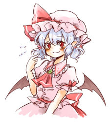 Rule 34 | 1girl, alternate hairstyle, ascot, bat wings, blue hair, blush, brooch, dress, flying sweatdrops, jewelry, maru usagi, pink dress, pointy ears, puffy sleeves, red eyes, remilia scarlet, sash, short sleeves, short twintails, simple background, smile, solo, touhou, twintails, upper body, white background, wings