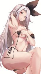 Rule 34 | 1girl, absurdres, adjusting hair, ass, azur lane, bikini, unworn bikini top, black bikini, breast hold, breast press, breasts, commentary, covered erect nipples, crotch seam, curvy, hairband, highres, holding, holding clothes, holding swimsuit, large breasts, crossed legs, looking at viewer, naughty face, navel, playing with own hair, prinz heinrich (azur lane), red eyes, rikiddo (tise 00), seductive smile, side-tie bikini bottom, sitting, smile, swimsuit, thick thighs, thighs, white hair