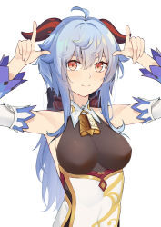 Rule 34 | 1girl, absurdres, ahoge, armpits, bell, black bodysuit, blue hair, bodysuit, breasts, commentary request, detached sleeves, ganyu (genshin impact), genshin impact, hair between eyes, highres, horns, horns pose, large breasts, long hair, looking at viewer, neck bell, no gloves, red eyes, sidelocks, skying, smile, solo, white background, wide sleeves