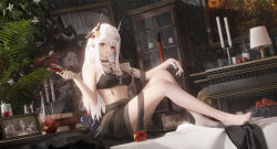 Rule 34 | 1girl, absurdres, apple, arknights, bikini, black bikini, book, candelabra, candlestand, cup, demon horns, display case, drinking glass, flower, food, fruit, full body, hair flower, hair ornament, highres, horns, indoors, infection monitor (arknights), jewelry, lamp, ling dianxia, looking at viewer, material growth, mudrock (arknights), mudrock (silent night) (arknights), necklace, official alternate costume, oripathy lesion (arknights), parted lips, picture frame, plant, potted plant, red eyes, red flower, revision, sitting, solo, stomach, swimsuit, white hair, wine glass, yellow flower