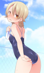 Rule 34 | 1girl, adjusting clothes, adjusting swimsuit, ass, bad id, bad pixiv id, bare arms, bare shoulders, black one-piece swimsuit, blue sky, blush, breasts, brown eyes, chain-link fence, cloud, commentary request, competition school swimsuit, cowboy shot, day, fence, hair between eyes, head tilt, idolmaster, idolmaster cinderella girls, light brown hair, long hair, looking at viewer, looking back, morikubo nono, nose blush, one-piece swimsuit, outdoors, parted lips, ringlets, school swimsuit, sky, small breasts, solo, sweat, swimsuit, uccow, wet