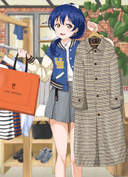 Rule 34 | 1girl, absurdres, arms up, bag, blue hair, clothes, clothes hanger, coat, commentary request, hair ornament, hair ribbon, hairclip, highres, holding, holding bag, holding clothes, indoors, long hair, long sleeves, looking at viewer, love live!, love live! school idol project, market, open mouth, paper bag, ponytail, ribbon, shelf, shop, shopping, shopping bag, skirt, smile, solo, sonoda umi, standing, swept bangs, yellow eyes