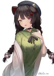 Rule 34 | 1girl, animal ears, beret, black hat, black ribbon, blush, braid, breasts, cardigan, dated, dress, green dress, hand on own chest, hat, heterochromia, highres, hirota fruit, inui toko, inui toko (3rd costume), long hair, long sleeves, looking at viewer, medium breasts, neck ribbon, nijisanji, open cardigan, open clothes, parted lips, pink eyes, ribbon, simple background, solo, twin braids, twitter username, very long hair, virtual youtuber, white background, white cardigan, yellow eyes