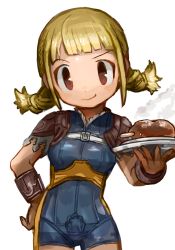 Rule 34 | 1girl, armlet, blonde hair, blue eyes, braid, breasts, buchi0122, closed mouth, final fantasy, final fantasy xii, food, highres, long hair, looking at viewer, penelo, simple background, smile, solo, twin braids, twintails, white background