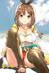 Rule 34 | 1girl, atelier (series), atelier ryza, atelier ryza 1, belt, beret, blue sky, bottle, breasts, brown belt, brown eyes, brown hair, brown legwear, cleavage, closed mouth, cloud, collarbone, commentary request, day, hair ornament, hairclip, hat, highres, jewelry, large breasts, looking at viewer, muramasa mikado, necklace, outdoors, red shorts, reisalin stout, revision, short hair, short shorts, shorts, sitting, sky, smile, solo, star (symbol), star necklace, thighs, toe ring, toes, white hat, white legwear