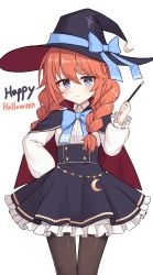 Rule 34 | 1girl, black cape, black hat, black pantyhose, black skirt, blue bow, blush, bow, braid, brown hair, cape, closed mouth, commentary request, crescent, frilled skirt, frills, ginka (gink a), hair between eyes, hand up, happy halloween, hat, hat bow, highres, holding, holding wand, long hair, looking at viewer, pantyhose, princess connect!, puffy short sleeves, puffy sleeves, purple eyes, red cape, shirt, short sleeves, simple background, skirt, smile, solo, standing, thigh gap, twin braids, wand, white background, white shirt, witch hat, yuni (princess connect!)