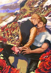 Rule 34 | 2boys, absurdres, bara, blush, couple, field, flower, flower field, forehead-to-forehead, from above, full body, heads together, highres, long sideburns, male focus, multiple boys, muscular, muscular male, one piece, pectoral cleavage, pectorals, reach-around, rie (mythrier), roronoa zoro, sanji (one piece), shirt, short hair, sideburns, sitting, straddling, white shirt, yaoi