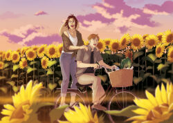 Rule 34 | 1boy, 1girl, bicycle, bicycle basket, blue pants, brown eyes, brown hair, cloud, commentary, contemporary, denim, english commentary, flower, flower field, glasses, green shirt, groceries, hange zoe, hanpetos, hat, hat on back, jeans, lens flare, moblit berner, off shoulder, open mouth, pants, pink sky, riding, riding bicycle, shingeki no kyojin, shirt, shoes, sky, smile, sneakers, sun hat, sunflower, sunflower field, sweatdrop, tank top, tied shirt, white tank top