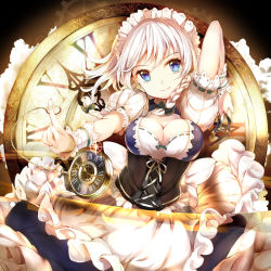 Rule 34 | 1girl, apron, blue eyes, blue skirt, bow, braid, breasts, cleavage, clock, commentary request, corset, frilled apron, frills, green bow, hair bow, index finger raised, izayoi sakuya, large breasts, looking at viewer, maid headdress, pocket watch, puffy short sleeves, puffy sleeves, short sleeves, silver hair, skirt, smile, solo, touhou, twin braids, umagenzin, waist apron, watch