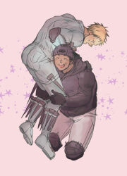 Rule 34 | 2boys, ^ ^, absurdres, aikawa (dorohedoro), ass, bara, black hair, blonde hair, carrying, carrying over shoulder, carrying person, closed eyes, colored tips, couple, cropped legs, dorohedoro, facial mark, highres, lifting person, male focus, medium sideburns, multicolored hair, multiple boys, nishida (pixiv 50671594), no eyebrows, risu (dorohedoro), star (symbol), starry background, thick eyebrows, thighs, yaoi