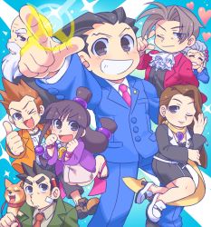 Rule 34 | 3girls, 5boys, ;d, ace attorney, ascot, bald, beard, black hair, black skirt, blue background, blue pants, blue shirt, brown hair, dick gumshoe, dog, facial hair, grey eyes, grey hair, hair bun, heart, highres, japanese clothes, larry butz, long hair, looking at viewer, low-tied long hair, magatama, maya fey, mia fey, miles edgeworth, missile (ace attorney), multiple boys, multiple girls, necktie, old, old man, one eye closed, open mouth, pants, parted bangs, phoenix wright, pink necktie, sandals, satokichi, shirt, shoes, single hair bun, skirt, smile, spiked hair, the judge (ace attorney), wendy oldbag, white footwear