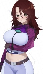 Rule 34 | 1girl, ?, arm at side, arm under breasts, belt, belt buckle, blue pants, breasts, brown belt, brown eyes, brown gloves, brown hair, buckle, campbell xx, celestial being uniform, commentary request, cropped jacket, cropped shirt, gloves, gundam, gundam 00, hair between eyes, highres, impossible clothes, impossible shirt, jacket, large breasts, light blush, long sleeves, looking at viewer, midriff, navel, pants, parted lips, purple jacket, shirt, solo, sumeragi lee noriega, sweatdrop, uniform