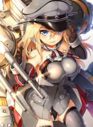 Rule 34 | 10s, 1girl, bare shoulders, bismarck (kancolle), black panties, blonde hair, blue eyes, blush, breasts, brown gloves, detached sleeves, gloves, grey thighhighs, hat, highres, kantai collection, long hair, looking at viewer, military, military hat, military uniform, open mouth, panties, peaked cap, personification, solo, suika01, thighhighs, underwear, uniform