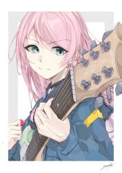 Rule 34 | 1girl, absurdres, bang dream!, bang dream! it&#039;s mygo!!!!!, blue eyes, blue shirt, chihaya anon, closed mouth, commentary, earrings, electric guitar, guitar, hashtag-only commentary, highres, holding, holding plectrum, instrument, jewelry, long hair, pink hair, playing guitar, plectrum, ryo yanakasa, shirt, solo, upper body