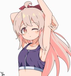 Rule 34 | 1girl, ;(, ahoge, arm behind head, armpits, arms up, bare arms, blush stickers, bow, breasts, bright pupils, brown eyes, closed mouth, collarbone, commentary, frown, hair between eyes, hair bow, highres, light brown hair, long hair, looking at viewer, one eye closed, onii-chan wa oshimai!, oyama mahiro, red bow, sidelocks, signature, simple background, small breasts, solo, sports bra, stretching, tareme, upper body, user zmhd3373, white background, zipper