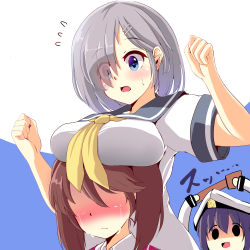 Rule 34 | blue eyes, blush, breast press, breast rest, breasts, breasts on head, brown hair, commentary request, crying, eyes visible through hair, female admiral (kancolle), flying sweatdrops, hair ornament, hair over one eye, hairclip, hamakaze (kancolle), highres, kantai collection, large breasts, long hair, long sleeves, multiple girls, neckerchief, ryuujou (kancolle), school uniform, serafuku, short hair, short sleeves, silver hair, small breasts, suzune kou, sweatdrop, twintails, visor cap, yellow neckerchief