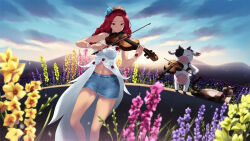 Rule 34 | 1girl, animal, breasts, cait aron, cat, cleavage, dress, flower, hair flower, hair ornament, highres, instrument, large breasts, long hair, original, red eyes, red hair, see-through, see-through cleavage, skirt, solo, tiara, violin, white dress