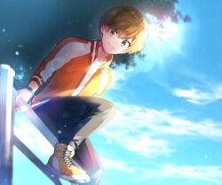 Rule 34 | 1623, 1boy, blue sky, closed mouth, cloud, cloudy sky, dankira!!!, fence, green eyes, jacket, light brown hair, long sleeves, looking at viewer, looking down, male focus, miki nozomu, mole, mole under eye, orange jacket, short hair, sitting on fence, sky, smile, solo, workout clothes