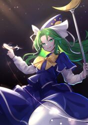 Rule 34 | 1girl, absurdres, blue dress, blue hat, bow, bowtie, crescent wand, dress, green eyes, green hair, hat, highres, long hair, looking at viewer, mima (touhou), night, night sky, rinkaito1231, shirt, sky, smile, solo, touhou, touhou (pc-98), white shirt, wizard hat, yellow bow, yellow bowtie