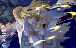 1boy absurdres blonde_hair blue_background blue_eyes building cape cowboy_shot fate/grand_order fate_(series) feathers fire floating_hair frilled_sleeves frills from_side gloves hair_between_eyes hair_over_shoulder highres holding holding_staff kirschtaria_wodime long_sleeves looking_at_viewer magic magic_circle male_focus olympus_(fate/grand_order) orb pants shirt sidelocks solo staff standing star_(sky) walking white_cape white_feathers white_gloves white_pants white_shirt white_sleeves yinianweitangwen