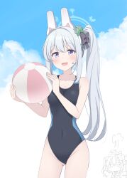 Rule 34 | 2girls, :d, ahoge, alternate costume, alternate hairstyle, animal ear headphones, animal ears, azusa (blue archive), azusa (swimsuit) (blue archive), ball, beachball, blue archive, blue halo, blue sky, blurry, blush, bow, breasts, chibi, chibi inset, cloud, cloudy sky, collarbone, commentary request, covered navel, depth of field, fake animal ears, flower, grey hair, groin, hair between eyes, hair bow, hair flower, hair ornament, hair ribbon, halo, headphones, headset, highleg, highleg swimsuit, highres, hoshino ouka, long hair, looking at viewer, medium breasts, miyako (blue archive), multiple girls, official alternate costume, one side up, open mouth, purple eyes, ribbon, school swimsuit, sidelocks, simple background, sky, sleeveless, smile, solo focus, swimsuit, twintails, white hair
