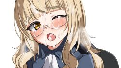 Rule 34 | 1girl, ass, black pantyhose, blonde hair, blush, cum, cum in mouth, facial, glasses, highres, long hair, looking at viewer, military uniform, momendoufu, neckerchief, one eye closed, open mouth, panties, panties under pantyhose, pantyhose, perrine h. clostermann, simple background, solo, strike witches, underwear, uniform, white background, white neckerchief, white panties, wink, world witches series, yellow eyes