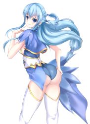 Rule 34 | 1girl, ass, blue eyes, blue hair, blue lotus (flower knight girl), blush, breasts, capelet, flower knight girl, from behind, hair tubes, hand on ass, highres, large breasts, long hair, looking at viewer, lysee, mole, mole under eye, panties, shiny clothes, shiny skin, sideboob, smile, solo, thighhighs, underwear, very long hair