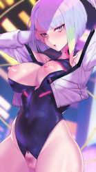 Rule 34 | 1girl, arms up, blue eyes, blunt bangs, blurry, blurry background, bodysuit, breasts, breasts out, censored, clothing cutout, crotch cutout, crotchless, cyberpunk (series), cyberpunk edgerunners, depth of field, eyeliner, female pubic hair, highres, jacket, large breasts, leotard, looking at viewer, lucy (cyberpunk), mosaic censoring, multicolored hair, nipples, nt00, paid reward available, parted bangs, pink hair, pubic hair, pussy, red eyeliner, short hair, solo