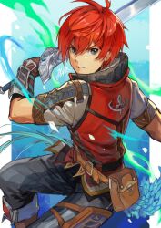Rule 34 | 1boy, adol christin, belt pouch, black eyes, gloves, highres, holding, holding sword, holding weapon, looking at viewer, pouch, red hair, short hair, short sleeves, signature, solo, sword, weapon, yora, ys