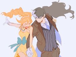 Rule 34 | 1boy, 1girl, :d, ace attorney, arm at side, athena cykes, black hair, blue bow, blue necktie, blush, bow, brown jacket, brown pants, closed eyes, closed mouth, collared shirt, cowboy shot, dot nose, dress, gloves, grey background, grey eyes, grey vest, hairband, high-low skirt, highres, holding hands, jacket, jewelry, lapels, lisiduomuli, long hair, long sleeves, looking at another, low ponytail, multicolored hair, necklace, necktie, open mouth, orange hair, outstretched arm, pants, shirt, side ponytail, simon blackquill, smile, strapless, strapless dress, striped clothes, striped vest, suit jacket, swept bangs, three-piece suit, two-tone hair, vertical-striped clothes, vertical-striped vest, very long hair, vest, waist bow, white gloves, white hair, white hairband, white shirt, yellow dress