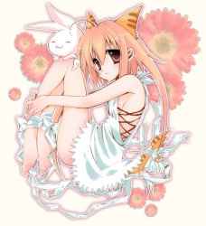 Rule 34 | 1girl, ahoge, animal ears, bare arms, barefoot, bell, bow, brown eyes, cat ears, cat tail, cross-laced clothes, dress, floral background, full body, hugging own legs, looking at viewer, orange hair, outline, ribbon, solo, stuffed animal, stuffed rabbit, stuffed toy, tail, tail bell, tail bow, tail ornament, usa (cubic), white dress, white ribbon