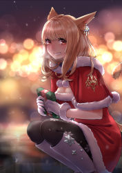 Rule 34 | 10s, 1girl, animal ears, warrior of light (ff14), blonde hair, blurry, bokeh, breasts, brown eyes, capelet, cleavage, depth of field, earrings, final fantasy, final fantasy xiv, fur, gift, gloves, highres, jewelry, long hair, looking at viewer, medium breasts, miqo&#039;te, night, potion lilac(popopotionu), santa costume, smile, solo, tail