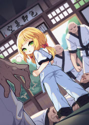Rule 34 | 1girl, 5boys, absurdres, ass, bald, belt, black belt, blonde hair, borrowed character, bow, child, clenched hands, dojo, dougi, faceless, faceless male, from behind, green eyes, hair bow, highres, karate, karate gi, kotoba (1074421015), long hair, looking back, low twintails, martial arts, martial arts belt, multiple boys, original, pants, ribbon, shirt, twintails, white belt, white pants, white shirt