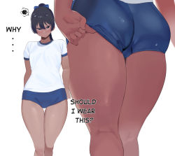 Rule 34 | 1girl, arms behind back, ass, black hair, blue bow, blue buruma, blush, bow, buruma, closed mouth, commentary, dark-skinned female, dark skin, english text, from behind, gym uniform, hair bow, highres, legs together, looking at viewer, multiple views, okpriko, original, paid reward available, shirt, short sleeves, simple background, speech bubble, standing, thai girl (okpriko), thigh gap, white background, white shirt