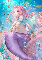 Rule 34 | 1girl, :d, air bubble, angelfish, breasts, bubble, clownfish, commentary request, fish, highres, kaguyuzu, large breasts, long hair, mermaid, monster girl, open mouth, original, pink hair, pointy ears, purple eyes, scales, shell, shell bikini, smile, solo, surgeonfish, teeth, underboob, underwater, upper teeth only