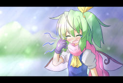 Rule 34 | 1girl, ascot, blush, daiyousei, closed eyes, female focus, gloves, green hair, hair between eyes, letterboxed, open mouth, pink scarf, purple gloves, scarf, solo, tears, touhou, wings, yawning, yellow ascot, yurume atsushi