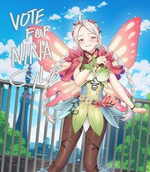 Rule 34 | 1girl, absurdres, ahoge, blue eyes, blue sky, blush, braid, brown pantyhose, bush, butterfly wings, capelet, cityscape, cloud, cloudy sky, commission, commissioner upload, fairy, fairy wings, fire emblem, fire emblem fates, fire emblem heroes, flower bracelet, gradient clothes, green bracelet, grey hair, hair vines, highres, igni tion, insect wings, leaf bracelet, low twin braids, low twintails, nina (fire emblem), nina (resplendent) (fire emblem), nintendo, non-web source, official alternate costume, pantyhose, parted bangs, pink capelet, sky, solo, twin braids, twintails, vine print, wings