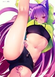 Rule 34 | 1girl, animal ears, blush, breasts, cat ears, flexible, highres, kneepits, large breasts, leg lift, leg tattoo, leg up, long hair, looking at viewer, navel, original, parted lips, pink eyes, purple hair, reku hisui, short shorts, shorts, simple background, solo, split, standing, standing on one leg, standing split, stomach, tail, tattoo, thighs, toned, very long hair
