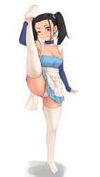 Rule 34 | 1girl, apron, arm warmers, black hair, blue dragon, blue dress, bouquet (blue dragon), breasts, choker, cleavage, closed mouth, collarbone, dress, elbow gloves, full body, gloves, gluteal fold, highres, kirima aki, large breasts, leg lift, long hair, looking at viewer, no shoes, one eye closed, panties, pantyshot, pleated dress, purple eyes, short dress, simple background, skirt, smile, solo, split, standing, standing on one leg, standing split, strapless, strapless dress, thighhighs, twintails, underwear, waist apron, white background, white panties