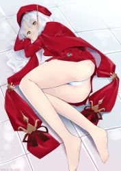 Rule 34 | 1girl, absurdres, beret, breasts, brooch, caren hortensia, caren hortensia (amor caren), caren hortensia (amor caren) (second ascension), dress, fate/grand order, fate (series), feet, hat, highres, jewelry, legs, long hair, long sleeves, looking at viewer, lying, mishima ryo, neck ribbon, on side, panties, pantyhose, red dress, red hat, ribbon, shawl, small breasts, solo, underwear, wavy hair, white hair, white panties, yellow eyes