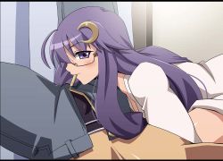 Rule 34 | 1girl, bespectacled, crescent, crescent hair ornament, female focus, glasses, hair ornament, long hair, mouth hold, mouth pull, patchouli knowledge, purple eyes, purple hair, shin&#039;ya (nanp), solo, touhou, undressing, zipper