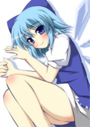 Rule 34 | 1girl, bare legs, blue dress, blue eyes, blue hair, blush, bow, cirno, dress, fetal position, hair bow, ice, ice wings, looking at viewer, lying, masiromu, matching hair/eyes, on side, puffy sleeves, shirt, short sleeves, smile, solo, touhou, wings