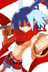 Rule 34 | 1boy, antenna hair, blue hair, clenched hand, disgaea, grin, laharl, makai senki disgaea, male focus, pointy ears, red eyes, red scarf, red shorts, scarf, topless male, shorts, slit pupils, smile, solo, sword, toned, weapon, white background, yuuki (irodo rhythm)