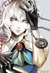 Rule 34 | 1girl, arm up, ascot, between fingers, black gloves, blue dress, brooch, chain, dantewontdie, dress, female focus, gloves, hand in own hair, holding, izayoi sakuya, jewelry, knife, lips, maid, maid headdress, pale skin, pink hair, pocket watch, red eyes, short hair, solo, touhou, upper body, watch, white hair