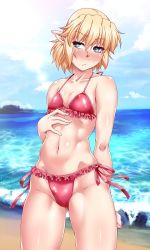 Rule 34 | 1girl, :&lt;, alternate costume, bad id, bad twitter id, bare arms, bare shoulders, beach, bikini, blonde hair, blush, breasts, closed mouth, collarbone, cowboy shot, day, frilled bikini, frills, gluteal fold, green eyes, halterneck, looking at viewer, mizuhashi parsee, navel, nose blush, ocean, ootsuki wataru, outdoors, pointy ears, red bikini, short hair, small breasts, solo, stomach, swimsuit, touhou