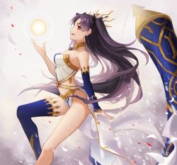 Rule 34 | 1girl, :d, ain (3990473), armlet, asymmetrical legwear, asymmetrical sleeves, bare arms, bare legs, bare shoulders, black hair, black ribbon, blue detached sleeves, blue thighhighs, breasts, clothing cutout, crown, detached sleeves, earrings, fate/grand order, fate (series), female focus, floating hair, from side, gem, hair ribbon, hand up, heavenly boat maanna, hoop earrings, ishtar (fate), jewelry, legs, long hair, looking at viewer, looking to the side, lots of jewelry, magic, medium breasts, midriff, navel, navel cutout, neck, neck ring, open mouth, orb, parted bangs, red eyes, revealing clothes, ribbon, single detached sleeve, single sleeve, single thighhigh, smile, solo, strapless, thighhighs, thighlet, tohsaka rin, two side up, type-moon, uneven legwear, uneven sleeves, waist cape
