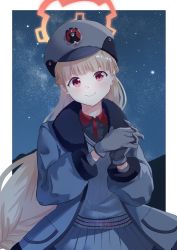 Rule 34 | 1girl, absurdres, blonde hair, blue archive, commentary request, gloves, halo, hat, highres, hime cut, jacket, long hair, night, nodoka (blue archive), red eyes, school uniform, sky, smile, solo, star (sky), starry sky, tont27, winter clothes