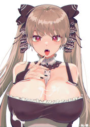 Rule 34 | 1girl, absurdres, azur lane, between breasts, black dress, black nails, black ribbon, blush, breasts, chinese commentary, cleavage, commentary, detached collar, dress, earrings, eyelashes, formidable (azur lane), frilled dress, frills, hair ribbon, hand on own chest, heart, heart-shaped pupils, highres, huge filesize, jewelry, jintianhuahualema, large breasts, light brown hair, long hair, looking at viewer, nail polish, open mouth, red eyes, ribbon, simple background, solo, suggestive fluid, symbol-shaped pupils, tongue, tongue out, twintails, upper body, white background, white neckwear
