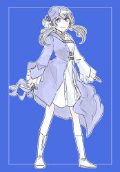 Rule 34 | 1girl, ankle boots, asymmetrical clothes, asymmetrical coat, beret, blue background, blue coat, blue eyes, blue hair, blue hat, boots, closed mouth, coat, commentary, dark blue hair, dress, full body, hat, highres, holding, holding microphone, ladybug (love live!), link! like! love live!, long hair, looking at viewer, love live!, low twintails, medium dress, microphone, murano sayaka, pale color, seri (hakobera), smile, solo, standing, tilted headwear, twintails, virtual youtuber, white dress, white footwear