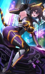 Rule 34 | 1girl, armpits, ass, bare shoulders, black gloves, black hair, blush, bodysuit, breasts, covered navel, from side, gloves, hair ornament, hand up, highres, i:p masquerena, large breasts, long hair, looking at viewer, motor vehicle, motorcycle, neon lights, official alternate costume, one eye closed, open mouth, purple eyes, smile, solo, tail, thighs, v, xiujia yihuizi, yu-gi-oh!